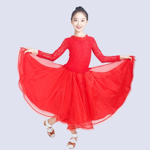 Girls ballroom dance dresses for kids children royal blue red lace long sleeves long length flamenco dresses
